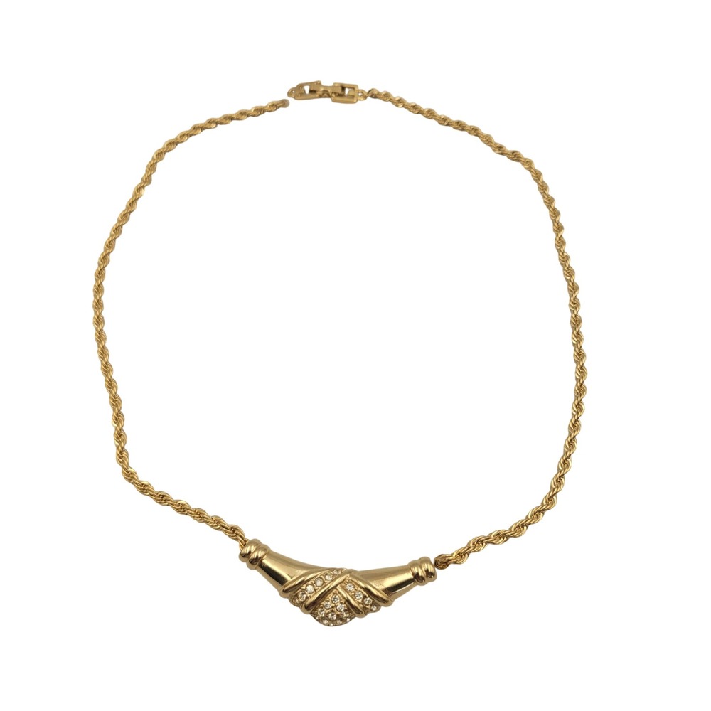 Givenchy Vintage Gold Tone Rhinestone Curved Pendant Rope Chain Necklace 17in